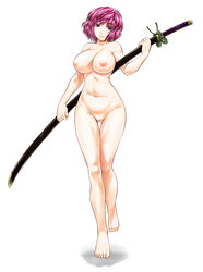 1girls areolae barefoot breasts cleavage female head_tilt hips katana large_breasts looking_at_viewer namidame navel nipples nodachi nude pink_eyes pink_hair scabbard sheath sheathed shiny shiny_skin short_hair simple_background smile solo sword thigh_gap touhou uncensored walking weapon yuyuko_saigyouji