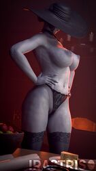 1girls 3d alcina_dimitrescu black_panties black_thong black_underwear breasts female female_only high-waisted_thong irastris lace-trimmed_panties lace_thong nipples panties resident_evil resident_evil_8:_village solo stockings thong thong_panties thong_underwear underwear