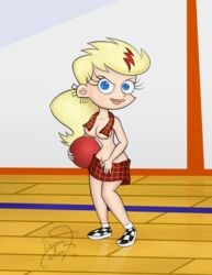 1girls 2010 blonde_hair blue_eyes breasts cartoon_network dodgeball enigmawing female female_only johnny_test_(series) navel sissy_blakely skimpy_clothes solo tagme towel