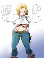 1girls android_18 areola_slip areolae arms_behind_back bangs blonde_hair blush breasts capri_pants crop_top dragon_ball dragon_ball_z earrings female fringe green_eyes highleg highleg_panties hoop_earrings huge_breasts jewelry large_areolae lowleg lowleg_pants midriff milf navel nipples panties pants pearl_necklace puffy_nipples rickert_kai short_hair solo translation_request underwear