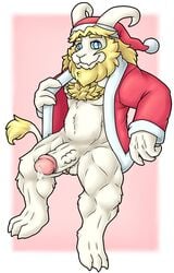 altenusy anthro asgore_dreemurr balls bara barazoku beard biceps blonde_hair bodily_fluids boss_monster bovid caprine christmas christmas_clothing christmas_headwear claws clothed clothing digital_media_(artwork) erection facial_hair fur genital_fluids genitals hair hat headgear headwear holidays horn humanoid_genitalia humanoid_penis looking_at_viewer male male_only mammal muscular muscular_anthro muscular_male pecs penis santa_hat simple_background smile solo undertale video_games white_body white_fur