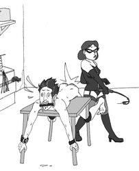 bit_gag black_and_white bondage boots corset director dominatrix domino_mask dungeon elbow_gloves femdom fishnets gag garter_straps holding_riding_crop holding_whip lesfesses malesub miss_pauling mrbutts restrained_arms restrained_legs riding_crop rough_sketch simple_background tagme team_fortress_2 torture whip whip_marks whipping