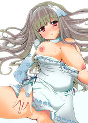 blush breasts choker dress female hairband idolmaster kazuchi large_breasts long_hair long_sleeves nipples no_panties red_eyes ribbon shijou_takane silver_hair solo sweat