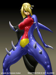 1girls 3:4 areolae belly black_background blonde_hair bodysuit breasts cameltoe cape cosplay cynthia_(pokemon) erect_nipples eyes female female_focus female_only female_solo garchomp garchomp_(cosplay) gradient_background grey_background grey_eyes hair human jpg kemono_inukai long_hair mouth navel navel_line nintendo nipple_bulge nipples no_penis no_sex open_eyes open_mouth pokemon pokemon_(cosplay) pokemon_(species) pokemon_dppt pokesuit pussy rubber rubber_clothing rubber_suit shiny_clothes skin_tight skin_tight_suit skintight solo solo_female spikes spread_legs standing text thin_waist watermark what