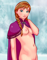 anna_(frozen) belly blue_eyes braids breasts cape cape_only disney female female_only frozen_(film) human long_hair multicolored_hair navel nipples orange_hair porcupine porcupine_(artist) solo tagme two_tone_hair white_hair