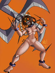 1girls black_nails blood body_horror breasts brown_hair female mask masked_female nails nerdbayne only_female painwheel pussy skullgirls small_breasts spikes stitched_pussy veins