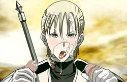 after_masturbation blonde_hair blush censored claymore cum cum_on_face female handjob jean_(claymore) looking_at_viewer mosaic_censoring open_mouth penis penis_grab short_hair silver_hair tongue tongue_out