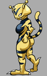 antennae anthro ass black_fur breasts claws colored cute_fang electabuzz female female_only fur furry furry_ass furry_breasts furry_tail grey_background looking_at_viewer looking_back nude oniontrain open_eyes pokémon_(species) pokemon raised_tail side_view solo standing tail yellow_fur