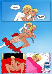 2girls cleavage cleavage_cutout clone clonecest clothing comic dc dcau extro female galatea justice_league kara_in-ze masturbation multiple_girls pubic_hair strap-on supergirl superheroine wet_dream yuri