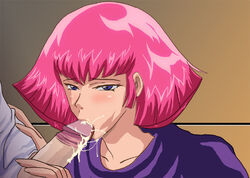 1girls artist_request blue_eyes blush breasts censored cum female gundam haman_karn human light-skinned_female light_skin male penis pink_hair short_hair solo_focus villainess zeta_gundam