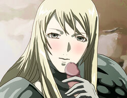 blonde_hair blush censored claymore galatea_(claymore) handjob penis silver_eyes tagme