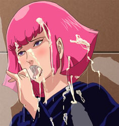 1girls artist_request blue_eyes blush breasts cum female gundam haman_karn human light-skinned_female light_skin male penis pink_hair short_hair solo_focus villainess zeta_gundam