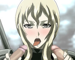 blush censored claymore erect_penis erection female flora_(claymore) handjob open_mouth penis penis_grab silver_eyes tongue tongue_out wavy_hair