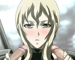 blush censored claymore erect_penis erection female flora_(claymore) handjob penis penis_grab silver_eyes wavy_hair