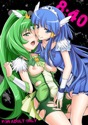 aoki_reika bike_shorts blue_dress blue_eyes blue_hair breasts clothing comic cure_beauty cure_march dress female green_dress green_eyes green_hair hair_tubes head_wings kuramachi_bun long_hair magical_girl midorikawa_nao multiple_girls open_mouth payot precure pretty_cure saliva saliva_trail shorts small_breasts smile smile_precure tiara torn_clothes tri_tails wrist_cuffs yuri