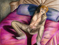 1boy eddie_kaspbrak it laying_down laying_on_bed masturbation self_fondle shirt_open stephen_king tagme toned toned_male