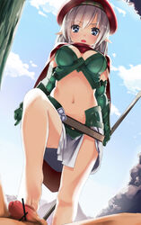 alleyne armor bare_legs barefoot beret blue_eyes blush breasts burakyan censored elbow_gloves elf feet footjob from_below gloves hat long_hair midriff navel open_mouth penis pointy_ears polearm queen's_blade solo weapon