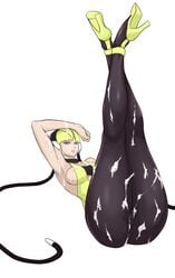 armpits arms_up ass big_breasts blonde_hair breasts cleavage closed_legs clothed_female crossed_legs cum cum_everywhere cum_on_armpit cum_on_black_clothes cum_on_clothes cum_on_legwear elesa_(pokemon) elesa_(pokemon_bw) female female_only fully_clothed gym_leader headphones high_heels highres large_breasts legs_together legs_up lying nintendo pantyhose pixiv_manga_sample pokemon pokemon_bw resized shoes solo thick_thighs uya_(yurukah) white_background wide_hips