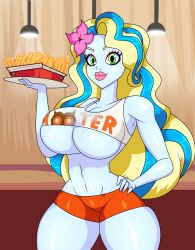 ass big_breasts bimbo bimbo_body bimbo_lips bimbofication blonde_hair blue_body blue_hair female female_only food gigantic_breasts hooters hooters_uniform jose12mexico lagoona_blue monster monster_girl monster_high naughty_face revealing_clothes tight_clothing translucent_clothing