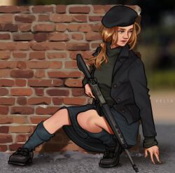 1girls 2d ar-18 assault_rifle battle beret black_beret black_clothing black_jacket black_skirt blonde_female blonde_hair blonde_hair_female blue_eyes blurry blurry_background clothed clothed_female clothing color crouching deltamagna female female_focus female_only female_warrior full_body fully_clothed gun hat headgear holding_gun holding_object holding_rifle holding_weapon human human_only ira ireland irish_republican_army jacket kneesocks light-skinned_female light_skin long_hair long_nails looking_away national_personification pinup ponytail ranged_weapon rebel red_nails rifle shirt shoes side_view skirt socks soldier solo solo_female taking_cover tied_hair unbuttoned weapon