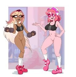 2girls bottomless bottomless_female breast_envy commission commission_art crossover demon demon_girl drawsoyeah exercise female female_only gym helluva_boss hightop human human_form human_verosika_mayday long_hair medium_support_(meme) meme meme_attire miss_heed_(villainous) multiple_girls navel ombre_hair pink_hair pink_skin public_nudity public_use pussy sneakers socks sport_shoes sports_bra succubus tan_skin vagina verosika_mayday_(helluva_boss) villainous weights