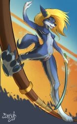 5:8 absurd_res athletic athletic_female blonde_hair blue_body bo_staff breasts canid canine carrioncat charity_cross ear_piercing female genitals hair hi_res katana looking_at_viewer mammal melee_weapon muscular navel navel_piercing nude nude_anthro nude_female piercing pussy spread_legs spreading sword weapon