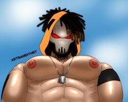 bandithrt big_breasts big_nipples bundle_(free_fire) character_(free_fire) dreadlocks free_fire gay_male hood hoodie male male_only mask masked_male muscular muscular_male oiled_skin red_eyes sweat tattoo tattoos