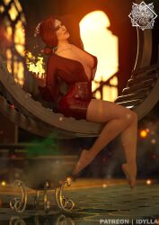 1girls 3d 3d_(artwork) barefoot cauldron cd_projekt_red female_only fire green_eyes hi_res highres idylla light-skinned_female magic red_dress red_hair red_nail_polish reflective_floor seated see-through see-through_clothing sheer_clothing solo solo_female the_witcher_(series) the_witcher_3:_wild_hunt triss_merigold