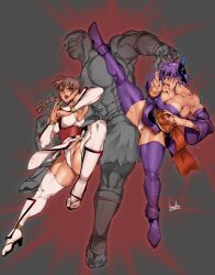 1boy 2girls ayane_(doa) bowalia dead_or_alive female fighting kasumi_(doa) kick kicking kunoichi male open_mouth teamwork tecmo two_against_one