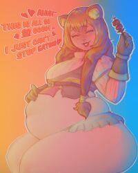 1girls 2024 big_breasts brown_hair color english_dialogue fat hand_on_belly huge_belly huge_thighs kebab long_hair metrack raccoon_girl raphtalia tagme the_rising_of_the_shield_hero thick_thighs weight_gain