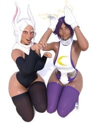 2girls animal_ears big_ass big_breasts big_butt big_thighs bleach bleach:_the_thousand-year_blood_war boku_no_hero_academia breasts brown_skin bunny_ears crossover dark-skinned_female dark_skin female female_only fully_clothed heart huge_ass huge_breasts huge_butt huge_thighs leotard long_hair mirko miruko muscular_arms my_hero_academia popogori purple_hair red_eyes rumi_usagiyama shihouin_yoruichi shonen_jump smile smiling white_hair yellow_eyes