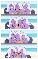 1boy 3girls ambyva amethyst_(steven_universe) blowjob breasts breasts_out cartoon_network clones comic cum gem_(species) male_pov penis pov steven_universe tongue tongue_kiss topless