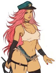 1girls capcom choker crop_top detached_sleeves eyeshadow female female_only final_fight fully_clothed gwenervi hat leg_strap long_hair painted_nails pink_hair poison_(final_fight) shorts solo street_fighter thick_thighs thighhighs whip