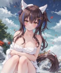 ai_generated animal_ears daitaku_helios_(umamusume) female gyaru hair_pin horse_girl towel_wrap two_tone_hair umamusume umamusume_pretty_derby