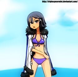 1girl asagi_asagiri bikini black_hair disgaea female fur_trim jacket open_jacket short_hair solo triplespearmint