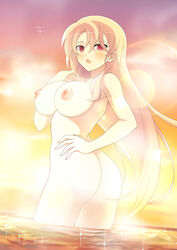 arm_on_hip arm_over_breasts blonde_hair breasts completely_nude_female glare_(lighting) large_breasts long_blonde_hair long_hair nude ocean photoshop red_eyes senran_kagura shocked shocked_expression shocked_eyes shocked_face souji_(senran_kagura) standing_in_water sunset yaegashi_nan