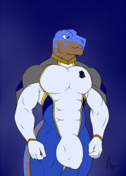 abs anthro balls_outline big_bulge blue_body blue_skin bodysuit bulge chistori clothing genital_outline hi_res horn hunterramirez kowakian_monkey-lizard male muscular muscular_male penis_outline skinsuit solo spacesuit spandex spandex_suit suit tight_clothing