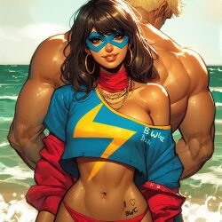 ai_generated beach beachwear behind_another blonde_hair blonde_hair_male brown_eyes brown_hair brown_skin dark-skinned_female dark_skin discord_(marvel) earrings female holding jacket joshua_richardson kamala_khan light-skinned_male light_skin male marvel marvel_comics mask ms._marvel ms._marvel_(kamala_khan) muscular muscular_male ocean ring sand scarf sea seaside shiny_body shiny_skin standing_from_behind summer t-shirt trunks writing_on_body