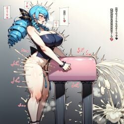 1futa ahe_gao ai_generated big_breasts blue_hair breasts breeding_mount breeding_mount_use breeding_stand cleavage cum_everywhere cum_explosion cum_inside cumming futa_only futanari gwen_(league_of_legends) hair_ornament handles heart highres holding league_of_legends motion_lines noonyx onahole riot_games stable_diffusion tagme thrusting twintails