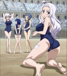 4girls blue_eyes blue_hair blush colosseum fairy_tail female female_only levy_mcgarden lisanna_strauss long_hair mirajane_strauss multiple_girls public smile swimsuit wendy_marvell white_hair