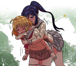 bent_over blush clothed_sex doggy_style futa_on_female futanari hug hug_from_behind implied_futanari intersex kumaneko1138 love_live! love_live!_sunshine!! matsuura_kanan orange_hair purple_eyes purple_hair pussy_juice red_eyes school_uniform sex skirt takami_chika thrusting torso_grab underwear yuri