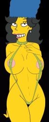 20th_century_studios accurate_art_style black_hair breasts costume croc_(artist) erotic_costume false_hair female julia_(the_simpsons) pose pretending seduction seductive seductive_body seductive_eyes seductive_gaze seductive_look seductive_mouth seductive_pose seductive_smile semi_nude shaved_pussy sling_bikini smile the_simpsons tricked tricked_into_sex wig yellow_body yellow_skin