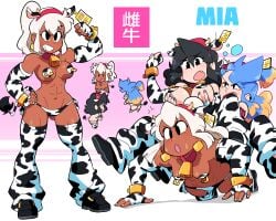 3girls arm_sleeves black_hair blue_hair chocolate_and_vanilla cow_bell_collar cow_ears cow_girl cow_headband cow_horns cow_horns_headband cow_print cow_print_armwear cow_print_pasties cow_print_thighhighs cow_tail cowbell dark-skinned_female ear_tag fake_animal_ears fake_horns light-skinned_female lucia_(scott_malin) mia_(scott_malin) multiple_girls muscular muscular_female nipple_pasties original original_character panties pasties push-up riding_on_back scott_malin stockings stray_(scott_malin) tagme two_tone_hair white_hair yellow_hair