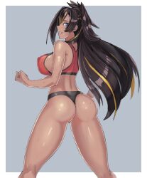 1girls ass ass black_panties black_thong blue_eyes breasts brown_hair dehya_(genshin_impact) female female_only jeaike long_hair panties solo solo_female sports_bra sportswear thong underwear