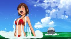 amy_(suisei_no_gargantia) bare_arms bare_legs bare_midriff bare_shoulders bare_thighs belly_button bikini bikini_bottom bikini_top blushed_face brown_hair closed_eyes in_water ledo_(suisei_no_gargantia) medium_breasts midriff navel open_mouth red_bikini red_bikini_bottom red_bikini_top red_swimsuit red_swimwear short_hair suisei_no_gargantia swimming swimming_goggles swimming_pool swimsuit swimwear tan_skin wet wet_body white_hair