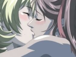 2girls animated bible_black blonde_hair brown_hair dark-skinned_female dark_skin female female_only french_kiss jody_crowley kissing light-skinned_female light_skin milky_animation_label nude_female shin_bible_black toudou_yuki yuri