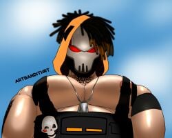 bandithrt big_breasts big_nipples bundle_(free_fire) character_(free_fire) dreadlocks free_fire gay_male harness hood hoodie male male_only mask masked_male muscular muscular_male oiled_skin red_eyes sweat tattoo tattoos