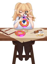 blonde_hair clothed huge_breasts idler_r lilli_upton shortstack sitting_at_desk smiling thick_thighs twintails