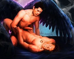 angel_wings artist_signature black_wings castiel castiel_(supernatural) dean_winchester gay jensen_ackles misha_collins robigohan supernatural supernatural_(series) tagme uncensored