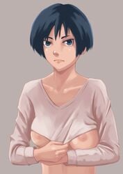 blue_hair breasts nipples shirt short_hair tomoshiki